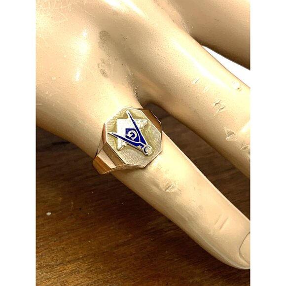 Masonic Ring 10k Yellow Gold Freemasonry Blue G Logo Vintage Men's Size 9 - Picture 6 of 14